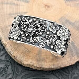 THE BOYZ SILVER Mexico Sterling Silver Cuff Bracelet Butterflies & 3-D Flowers